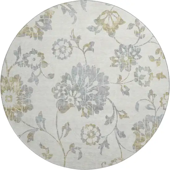 8' Ivory Gray And Gold Floral Washable Round Rug With UV Protection Photo 1