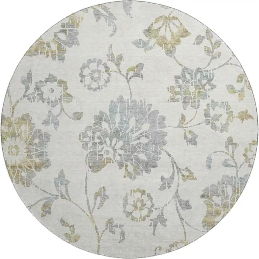 8' Ivory Gray And Gold Floral Washable Round Rug With UV Protection Photo 1