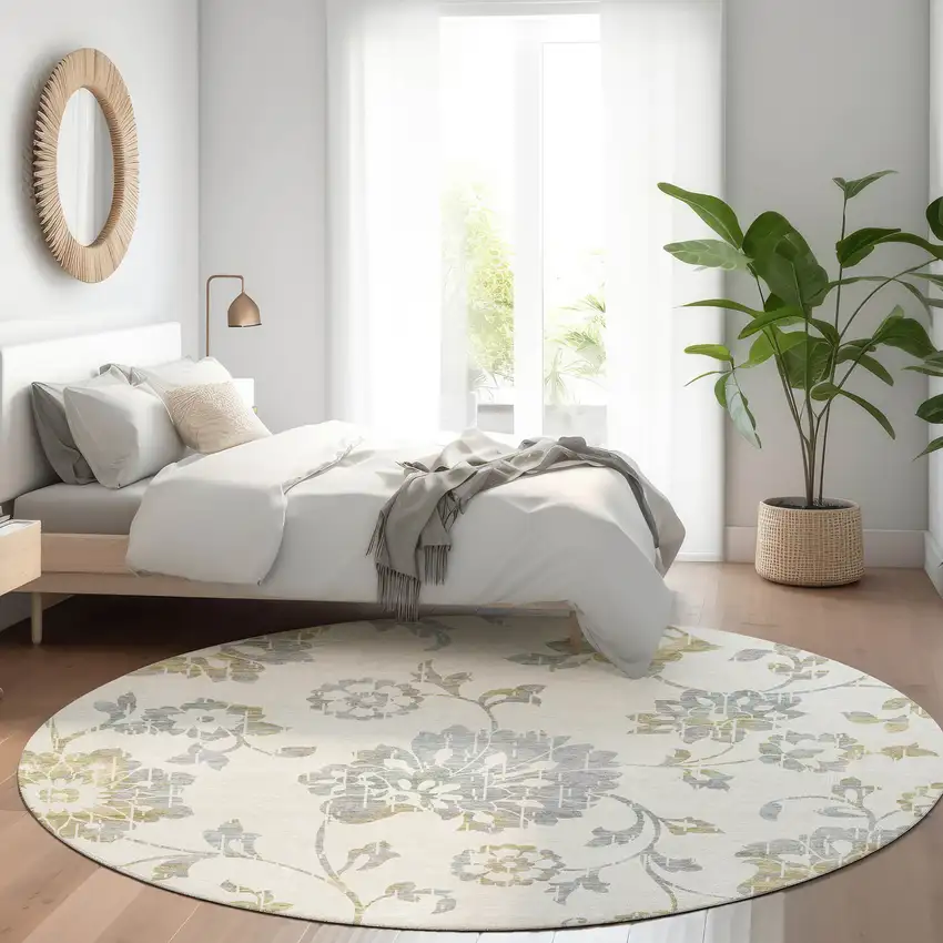 8' Ivory Gray And Gold Floral Washable Round Rug With UV Protection Photo 5