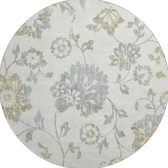 8' Ivory Gray And Gold Floral Washable Round Rug With UV Protection Photo 4