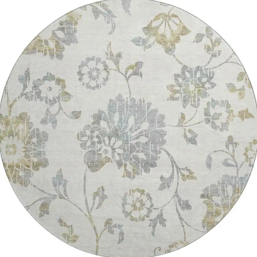 8' Ivory Gray And Gold Floral Washable Round Rug With UV Protection Photo 4