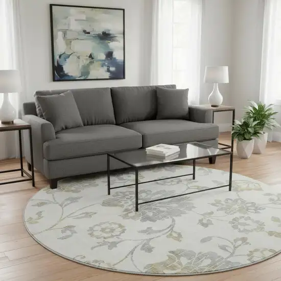 8' Ivory Gray And Gold Floral Washable Round Rug With UV Protection Photo 2