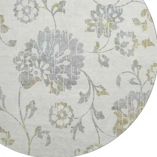 8' Ivory Gray And Gold Floral Washable Round Rug With UV Protection Photo 3
