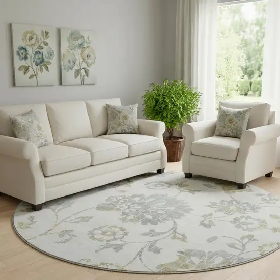 8' Ivory Gray And Gold Floral Washable Round Rug With UV Protection Photo 1