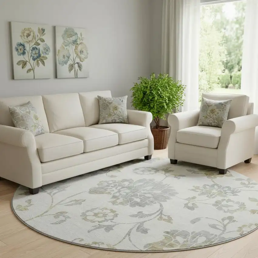 8' Ivory Gray And Gold Floral Washable Round Rug With UV Protection Photo 1