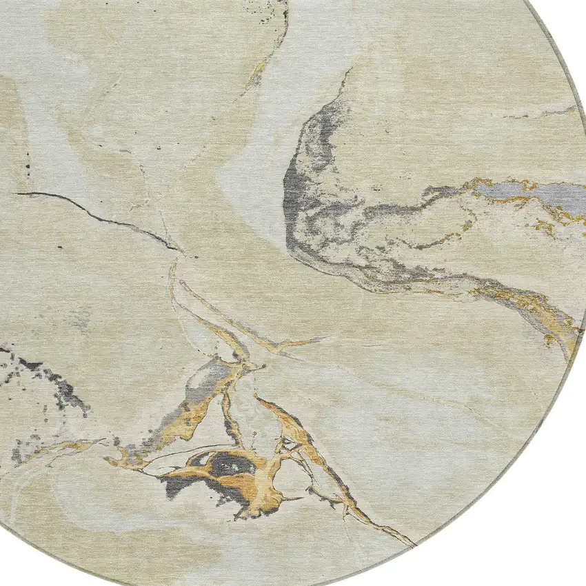 8' Ivory Gray And Gold Round Abstract Washable Indoor Outdoor Area Rug Photo 4
