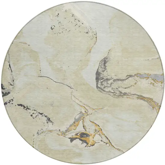 8' Ivory Gray And Gold Round Abstract Washable Indoor Outdoor Area Rug Photo 2