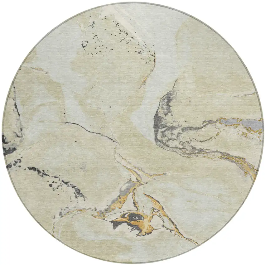 8' Ivory Gray And Gold Round Abstract Washable Indoor Outdoor Area Rug Photo 2