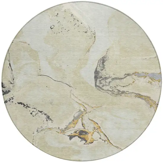 8' Ivory Gray And Gold Round Abstract Washable Indoor Outdoor Area Rug Photo 5