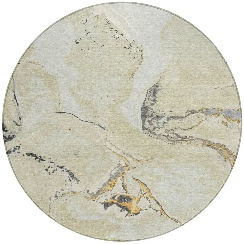 8' Ivory Gray And Gold Round Abstract Washable Indoor Outdoor Area Rug Photo 5