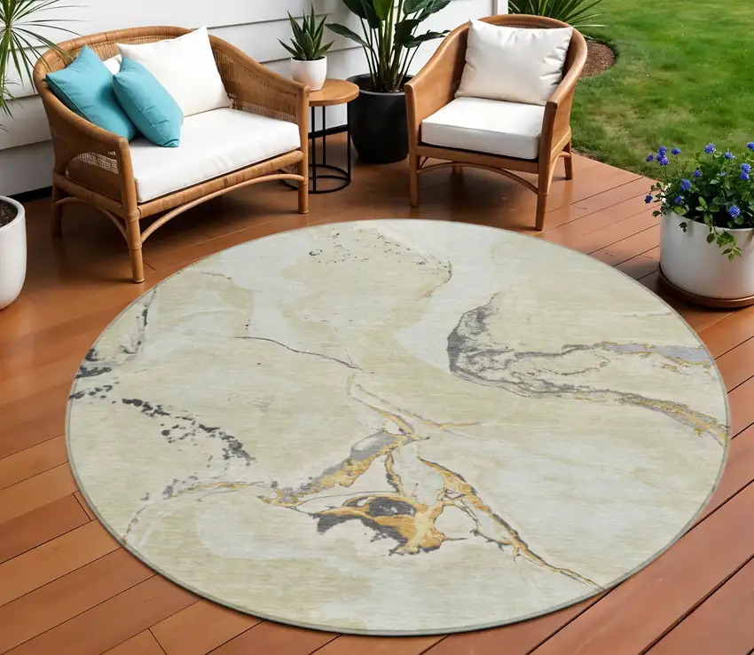 8' Ivory Gray And Gold Round Abstract Washable Indoor Outdoor Area Rug Photo 1