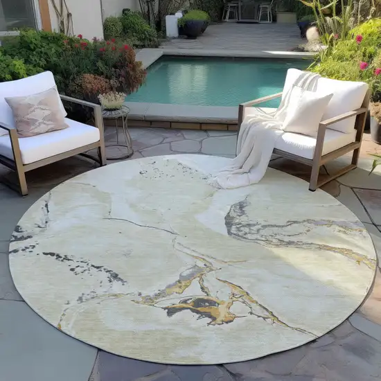 8' Ivory Gray And Gold Round Abstract Washable Indoor Outdoor Area Rug Photo 6