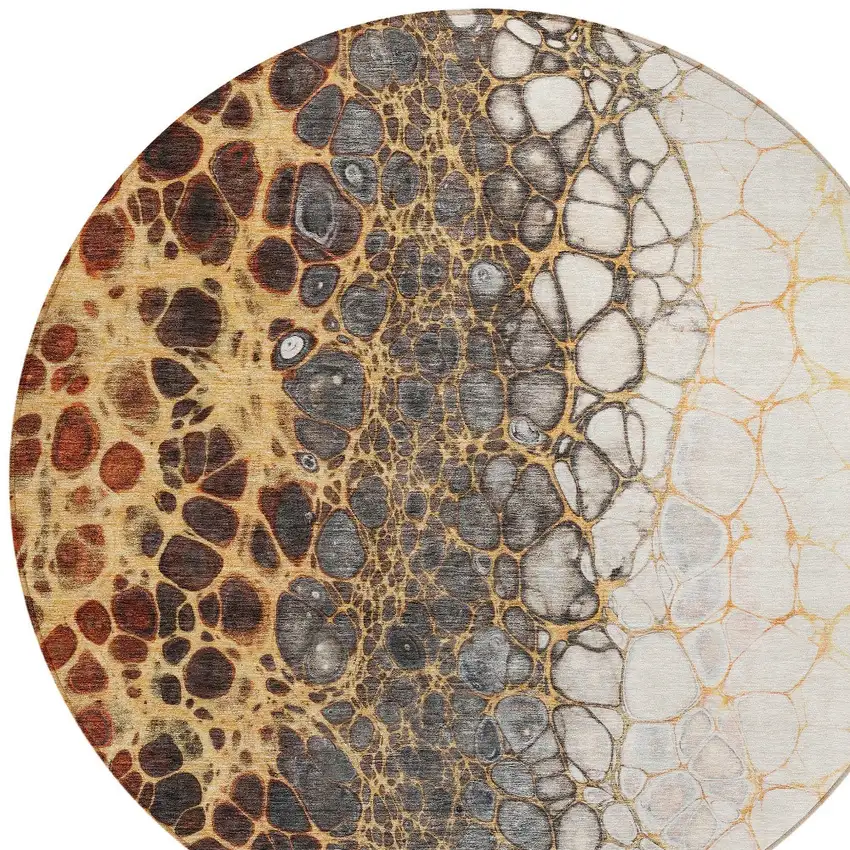 8' Ivory Gray And Gold Round Abstract Washable Indoor Outdoor Area Rug Photo 6