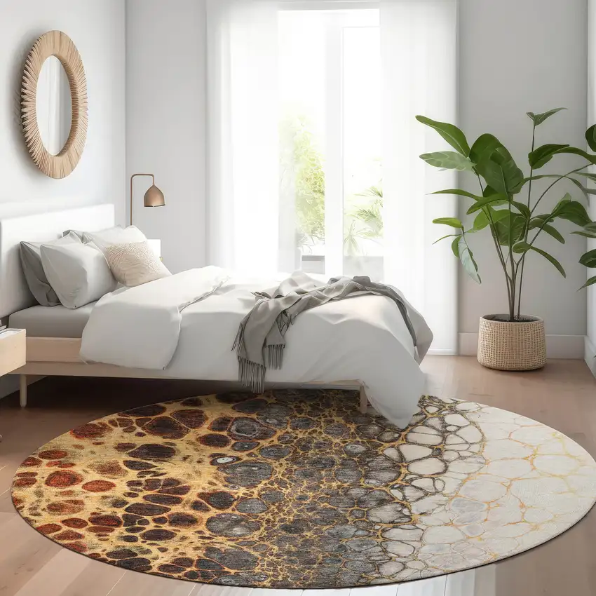 8' Ivory Gray And Gold Round Abstract Washable Indoor Outdoor Area Rug Photo 8
