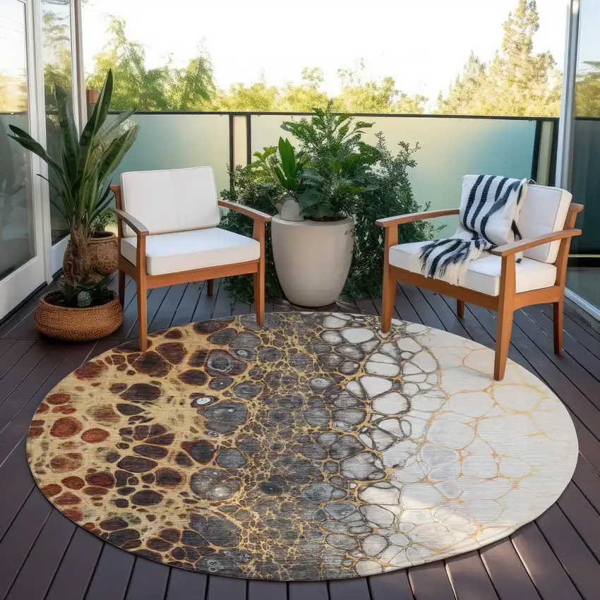 8' Ivory Gray And Gold Round Abstract Washable Indoor Outdoor Area Rug Photo 7