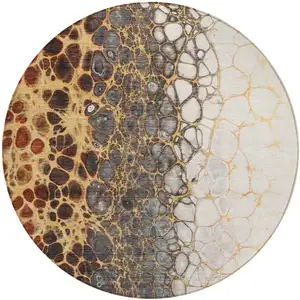 Photo of 8' Ivory Gray And Gold Round Abstract Washable Indoor Outdoor Area Rug