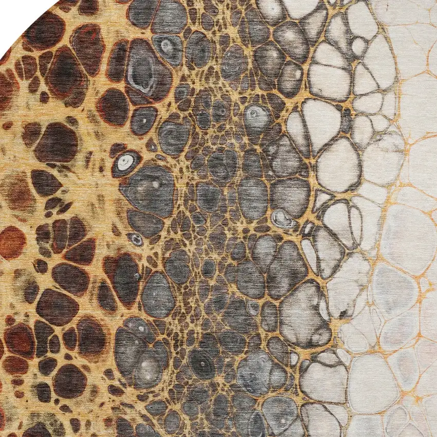 8' Ivory Gray And Gold Round Abstract Washable Indoor Outdoor Area Rug Photo 5