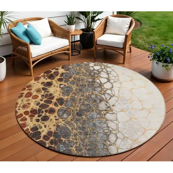 8' Ivory Gray And Gold Round Abstract Washable Indoor Outdoor Area Rug Photo 1