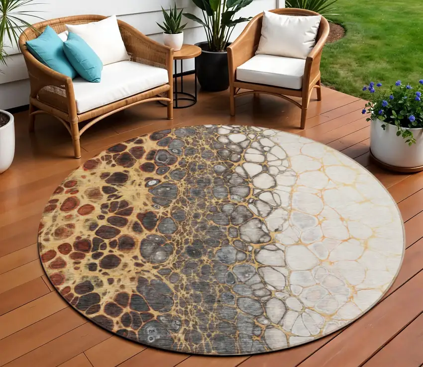 8' Ivory Gray And Gold Round Abstract Washable Indoor Outdoor Area Rug Photo 1