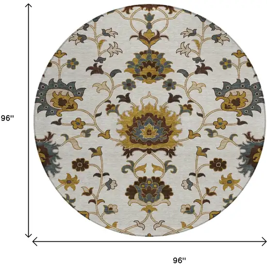 8' Ivory Gray And Gold Round Floral Washable Indoor Outdoor Area Rug Photo 3