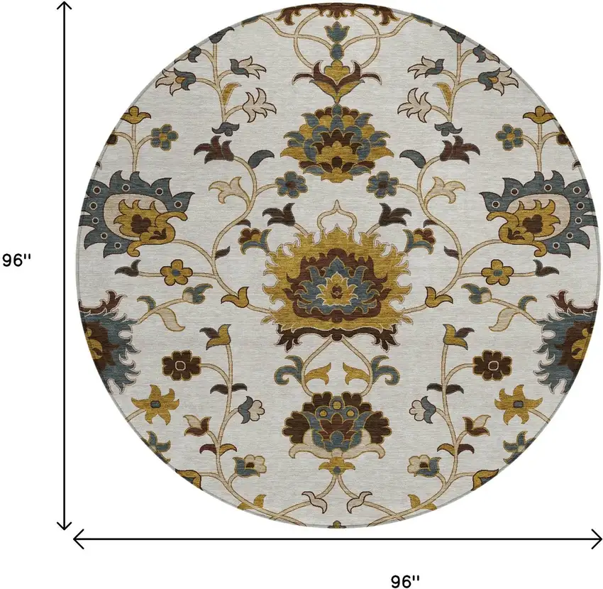 8' Ivory Gray And Gold Round Floral Washable Indoor Outdoor Area Rug Photo 3