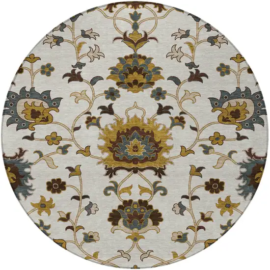 8' Ivory Gray And Gold Round Floral Washable Indoor Outdoor Area Rug Photo 4