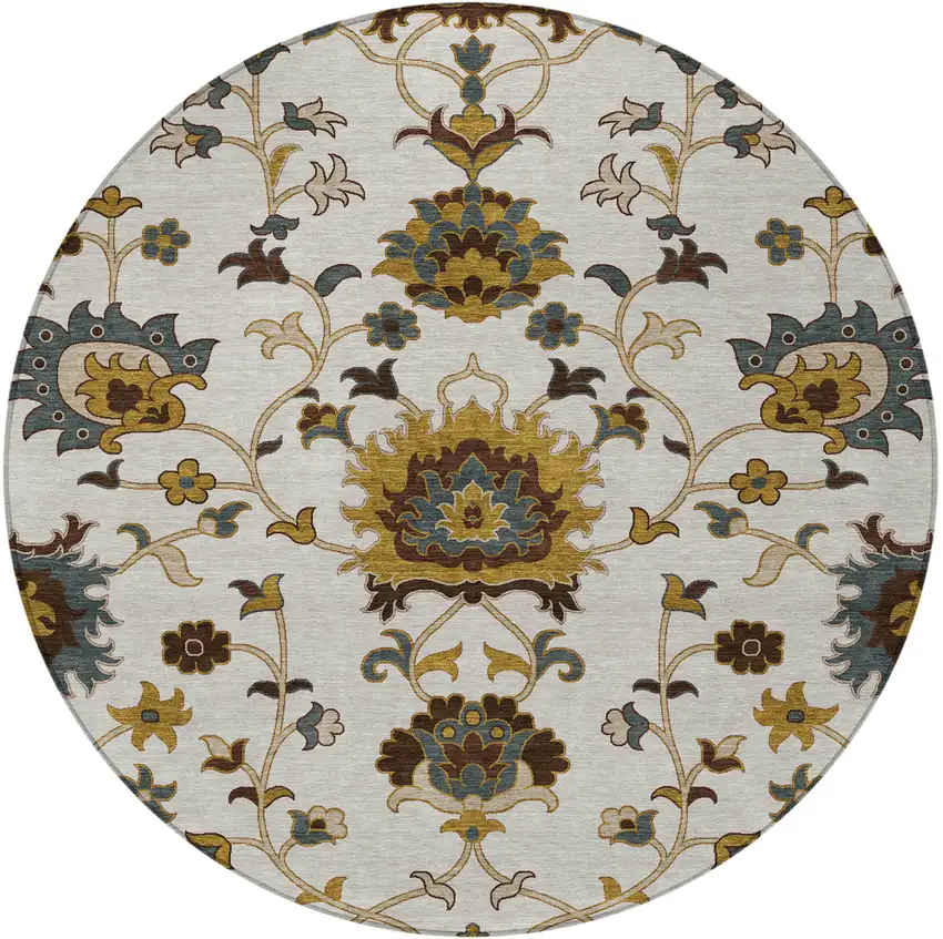 8' Ivory Gray And Gold Round Floral Washable Indoor Outdoor Area Rug Photo 4