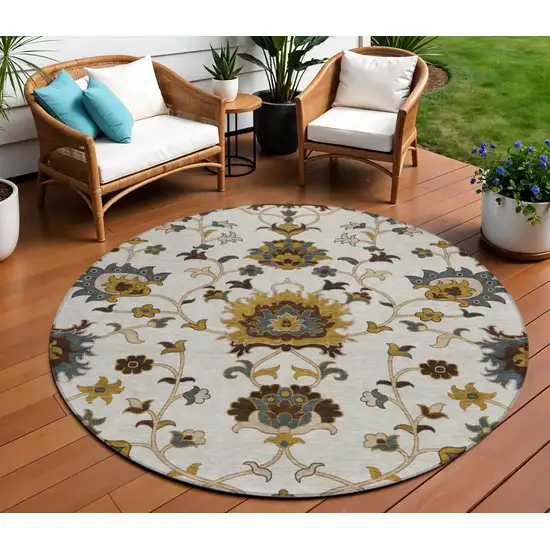 8' Ivory Gray And Gold Round Floral Washable Indoor Outdoor Area Rug Photo 1