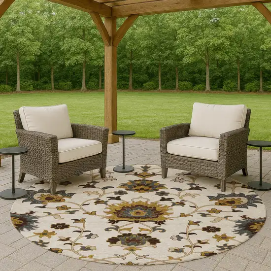 8' Ivory Gray And Gold Round Floral Washable Indoor Outdoor Area Rug Photo 8