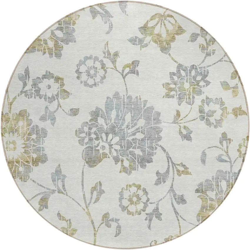 8' Ivory Gray And Gold Round Floral Washable Indoor Outdoor Area Rug Photo 2