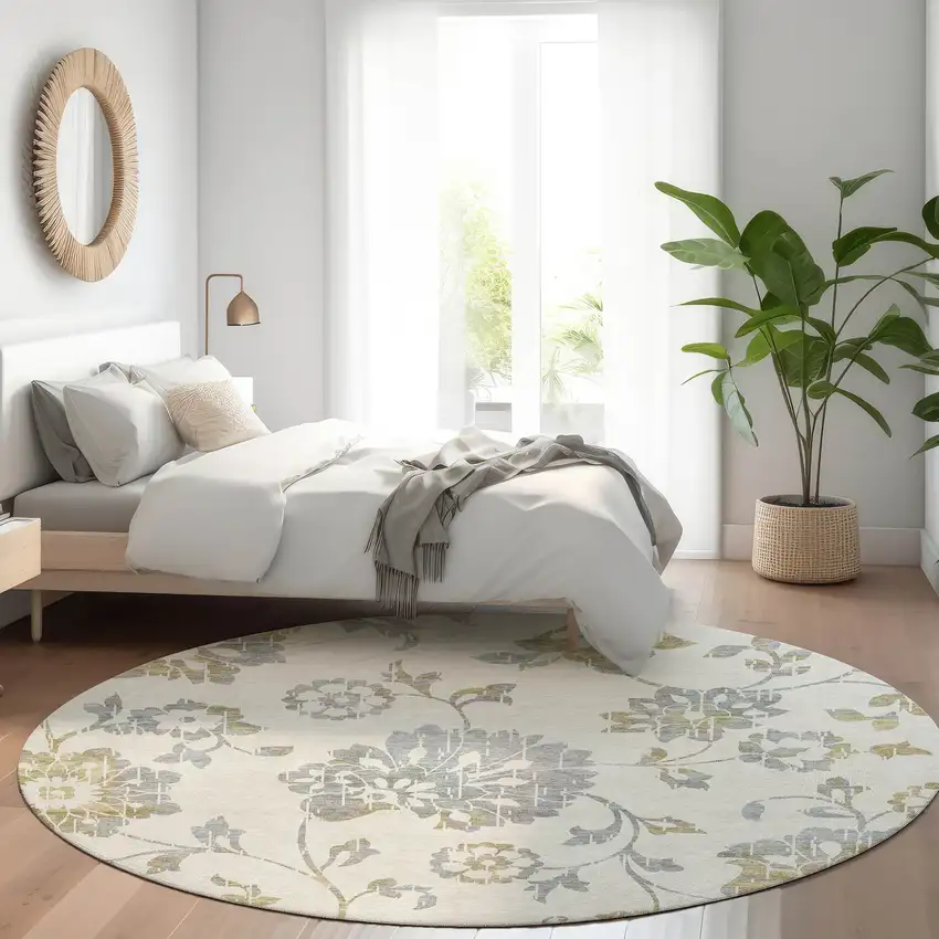 8' Ivory Gray And Gold Round Floral Washable Indoor Outdoor Area Rug Photo 8