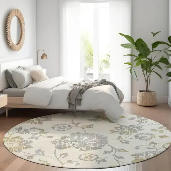 8' Ivory Gray And Gold Round Floral Washable Indoor Outdoor Area Rug Photo 8