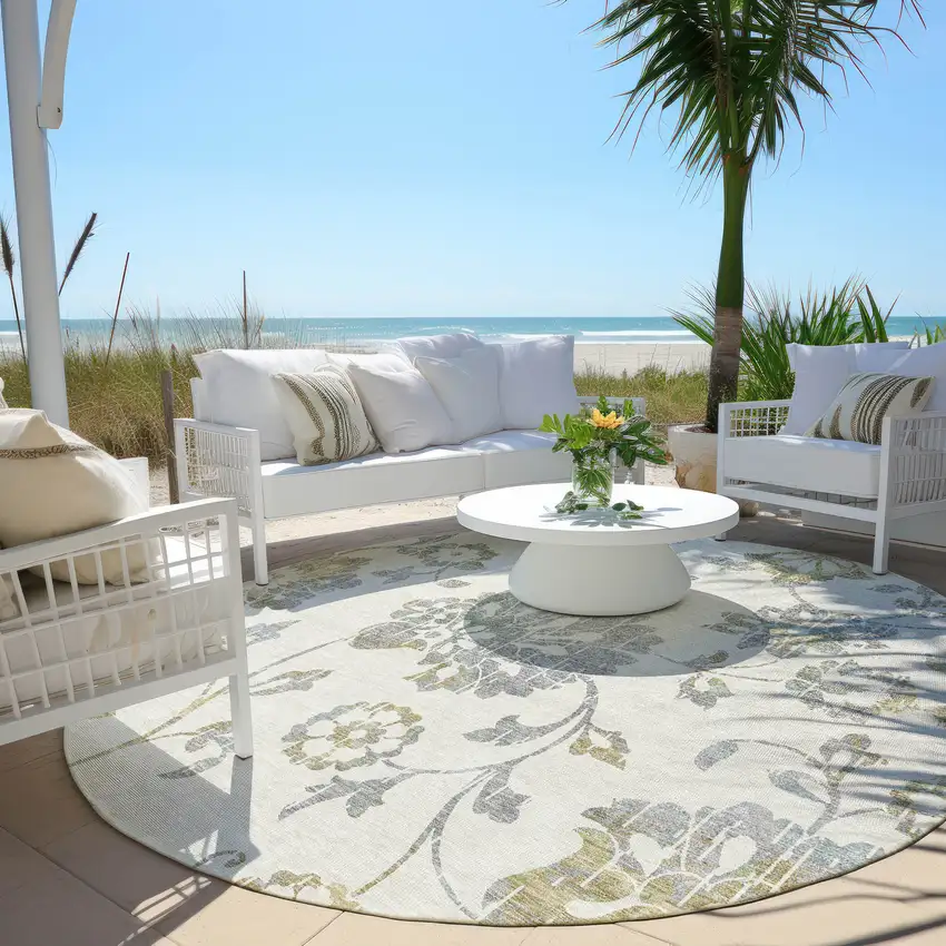 8' Ivory Gray And Gold Round Floral Washable Indoor Outdoor Area Rug Photo 7