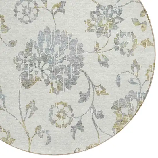 8' Ivory Gray And Gold Round Floral Washable Indoor Outdoor Area Rug Photo 4