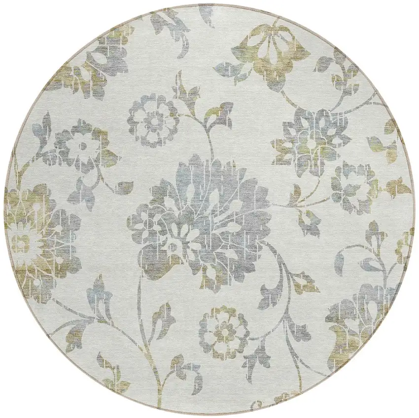 8' Ivory Gray And Gold Round Floral Washable Indoor Outdoor Area Rug Photo 6
