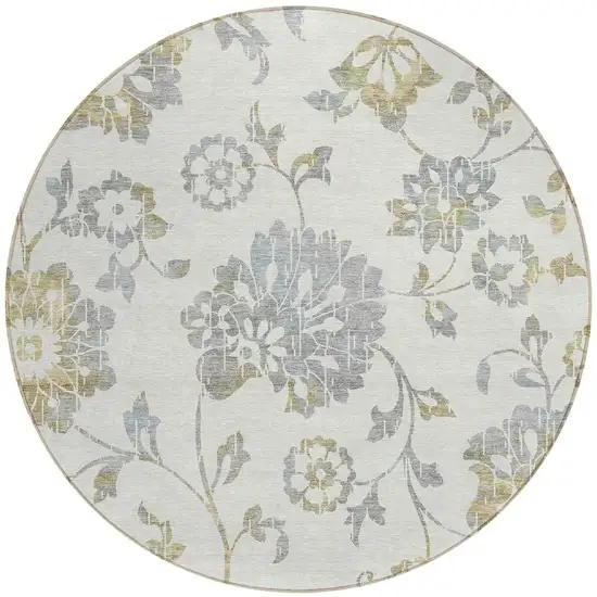 8' Ivory Gray And Gold Round Floral Washable Indoor Outdoor Area Rug Photo 6