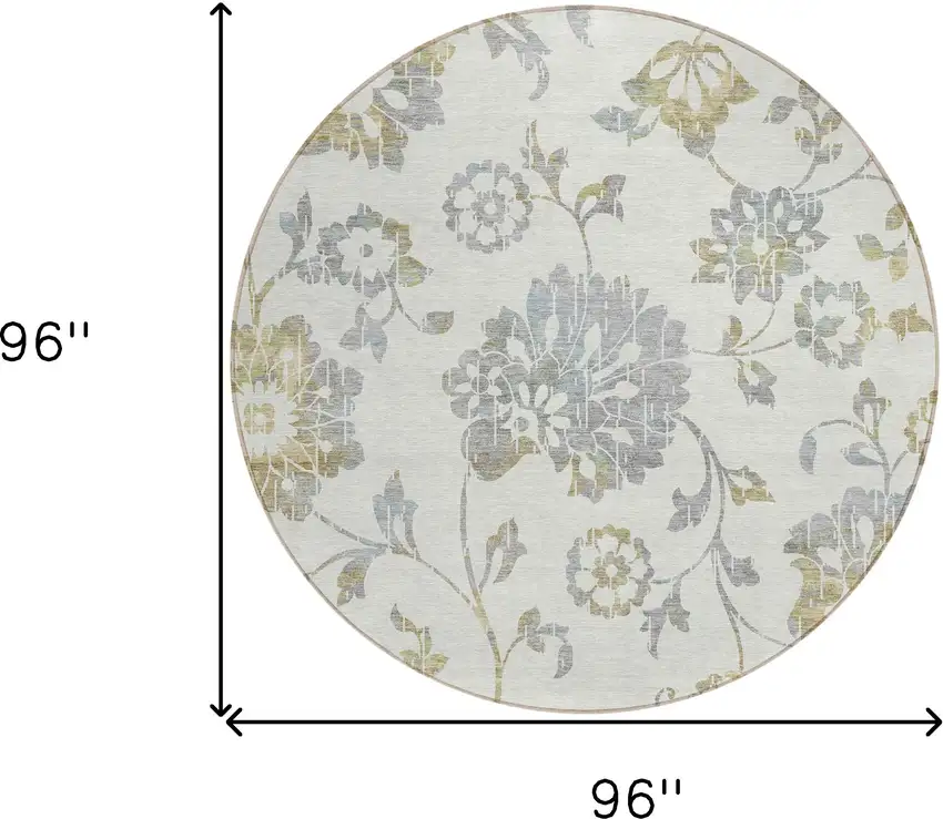 8' Ivory Gray And Gold Round Floral Washable Indoor Outdoor Area Rug Photo 3