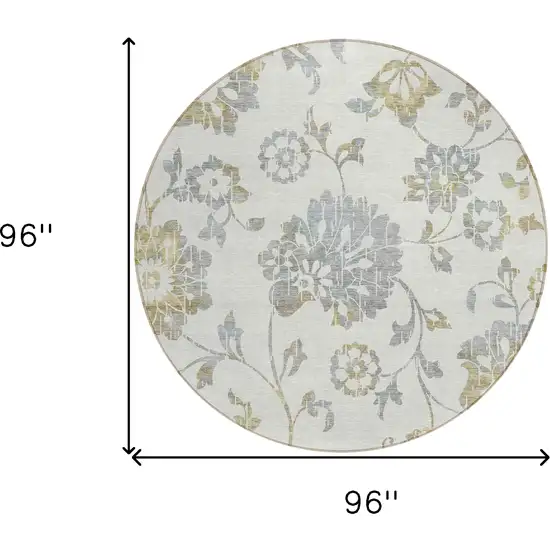 8' Ivory Gray And Gold Round Floral Washable Indoor Outdoor Area Rug Photo 3