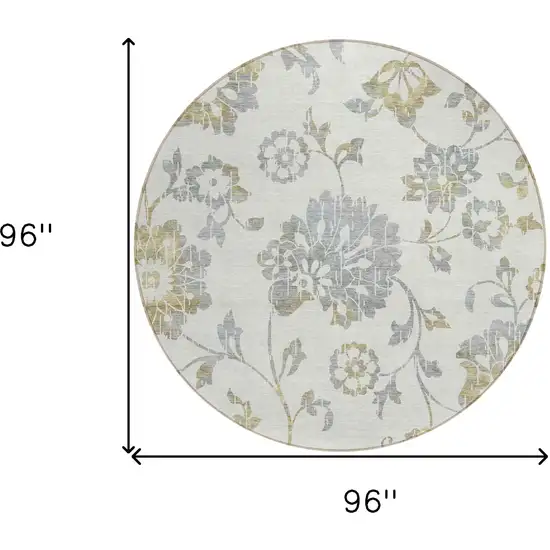 8' Ivory Gray And Gold Round Floral Washable Indoor Outdoor Area Rug Photo 3