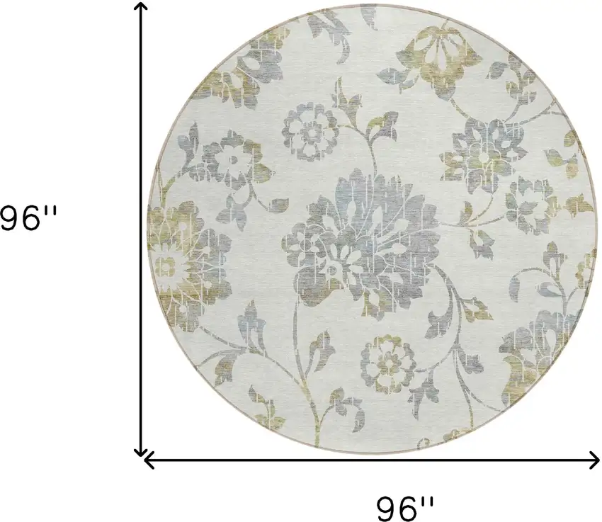 8' Ivory Gray And Gold Round Floral Washable Indoor Outdoor Area Rug Photo 3