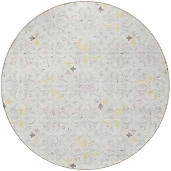 8' Ivory Gray And Gold Round Floral Washable Indoor Outdoor Area Rug Photo 6