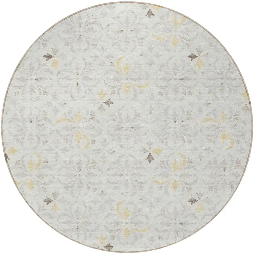 8' Ivory Gray And Gold Round Floral Washable Indoor Outdoor Area Rug Photo 6