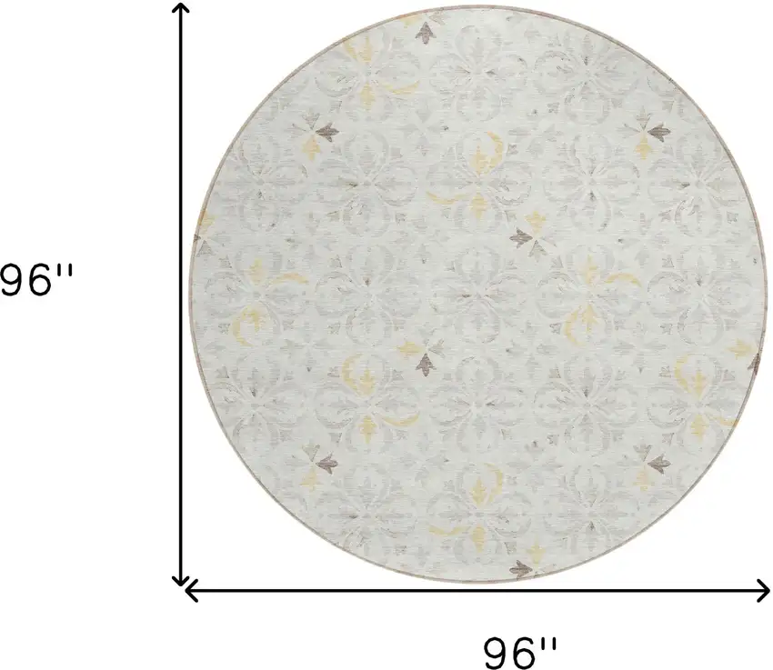 8' Ivory Gray And Gold Round Floral Washable Indoor Outdoor Area Rug Photo 3