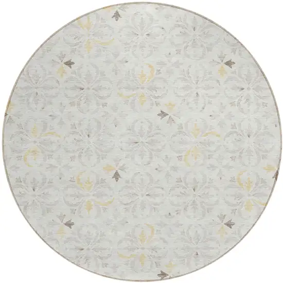 8' Ivory Gray And Gold Round Floral Washable Indoor Outdoor Area Rug Photo 2