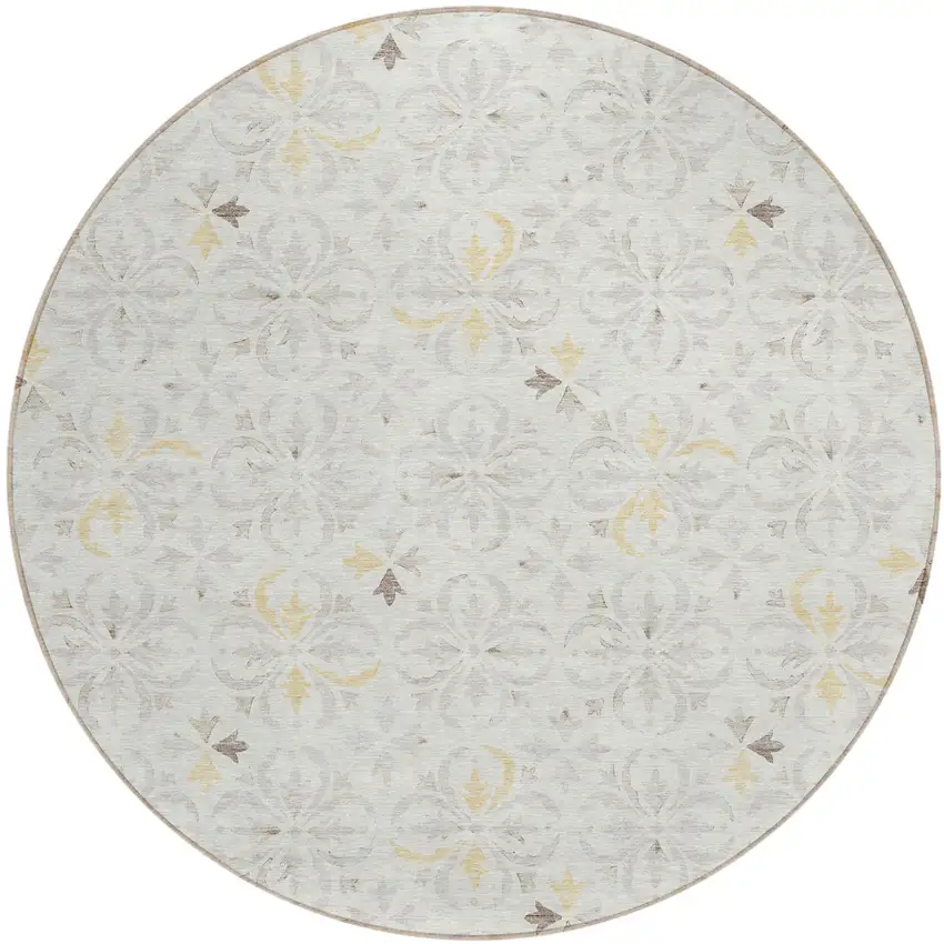 8' Ivory Gray And Gold Round Floral Washable Indoor Outdoor Area Rug Photo 2