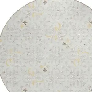 Photo of 8' Ivory Gray And Gold Round Floral Washable Indoor Outdoor Area Rug