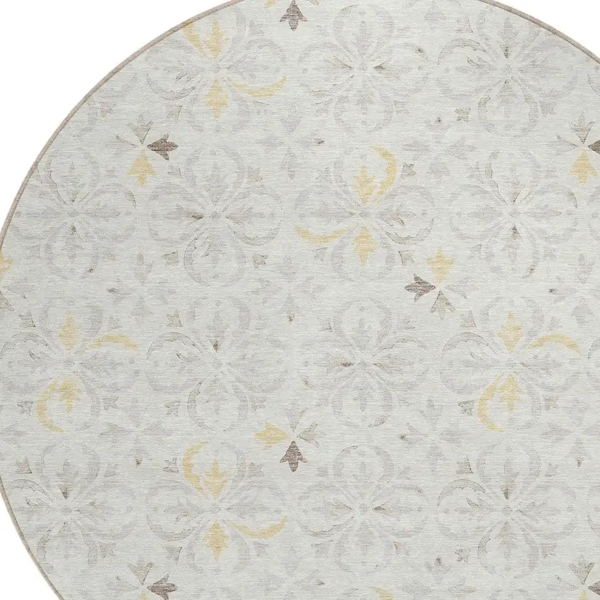 8' Ivory Gray And Gold Round Floral Washable Indoor Outdoor Area Rug Photo 5