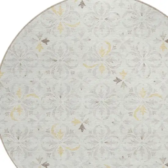 8' Ivory Gray And Gold Round Floral Washable Indoor Outdoor Area Rug Photo 5