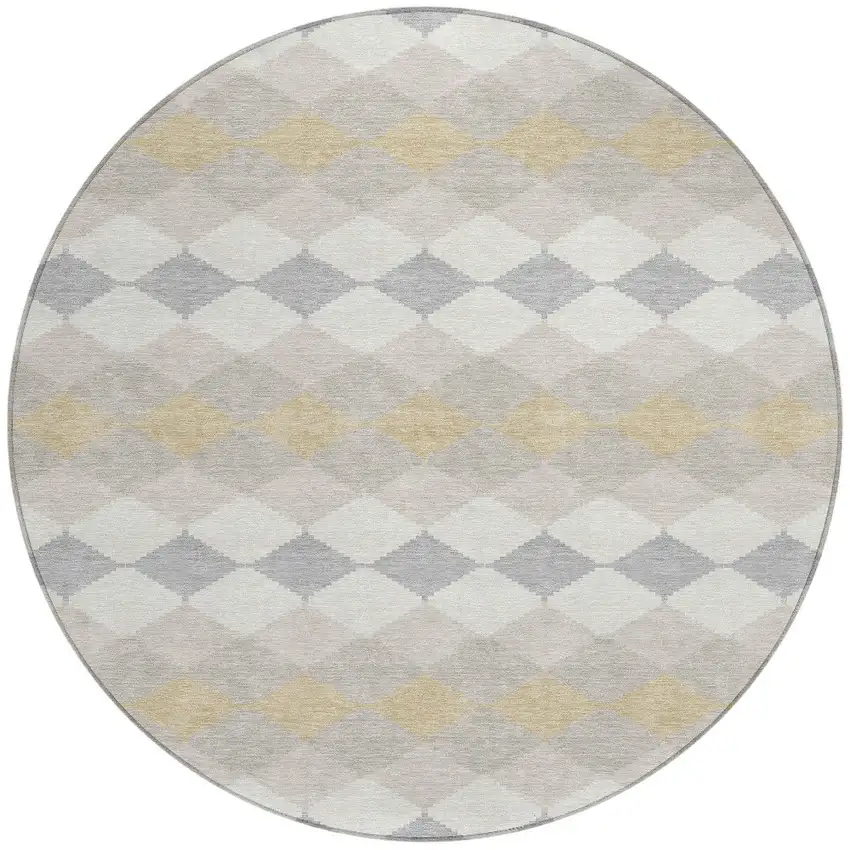 8' Ivory Gray And Gold Round Geometric Washable Indoor Outdoor Area Rug Photo 5