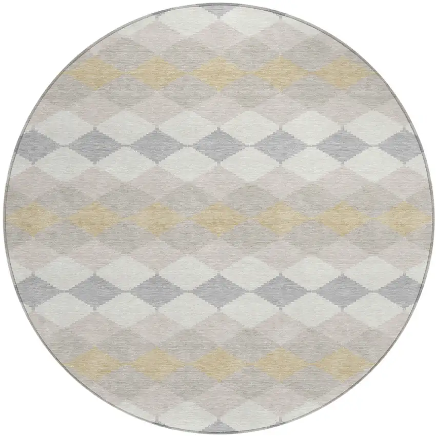 8' Ivory Gray And Gold Round Geometric Washable Indoor Outdoor Area Rug Photo 2